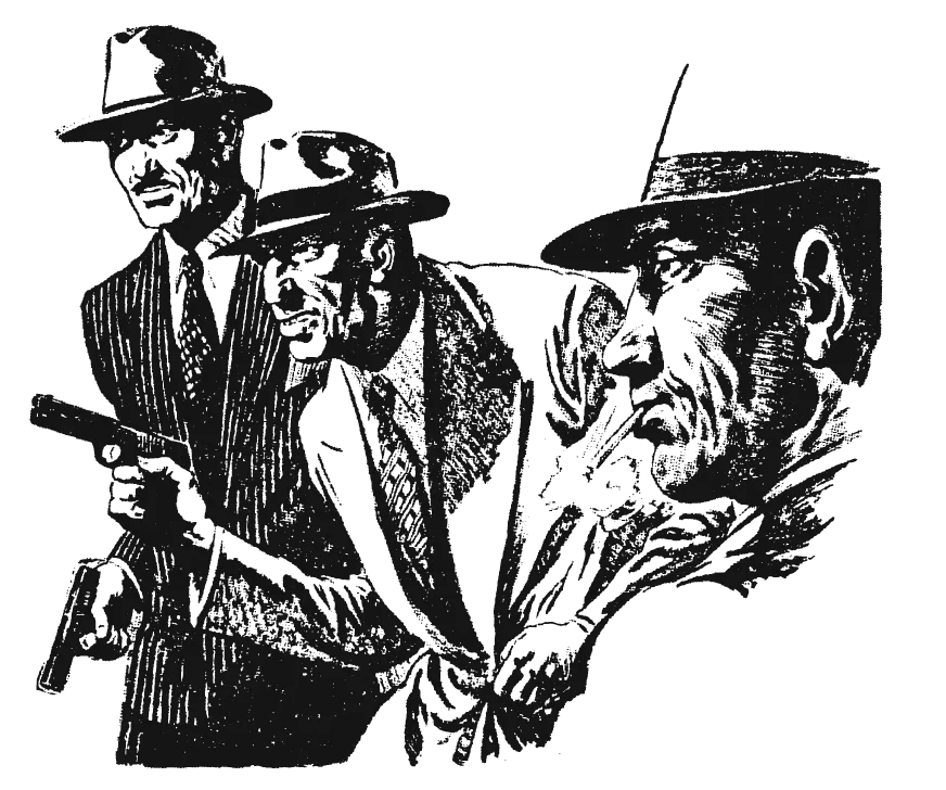 Scratchboard illustration: three men in fedoras, one holding a pistol.