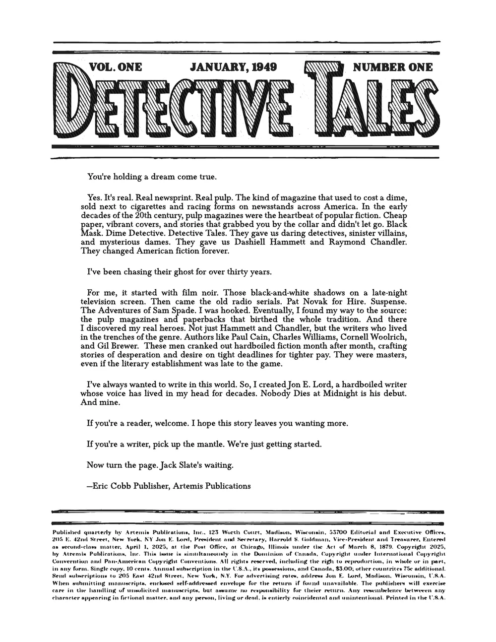 Page 2: the Detective Tales masthead and the publisher's letter.