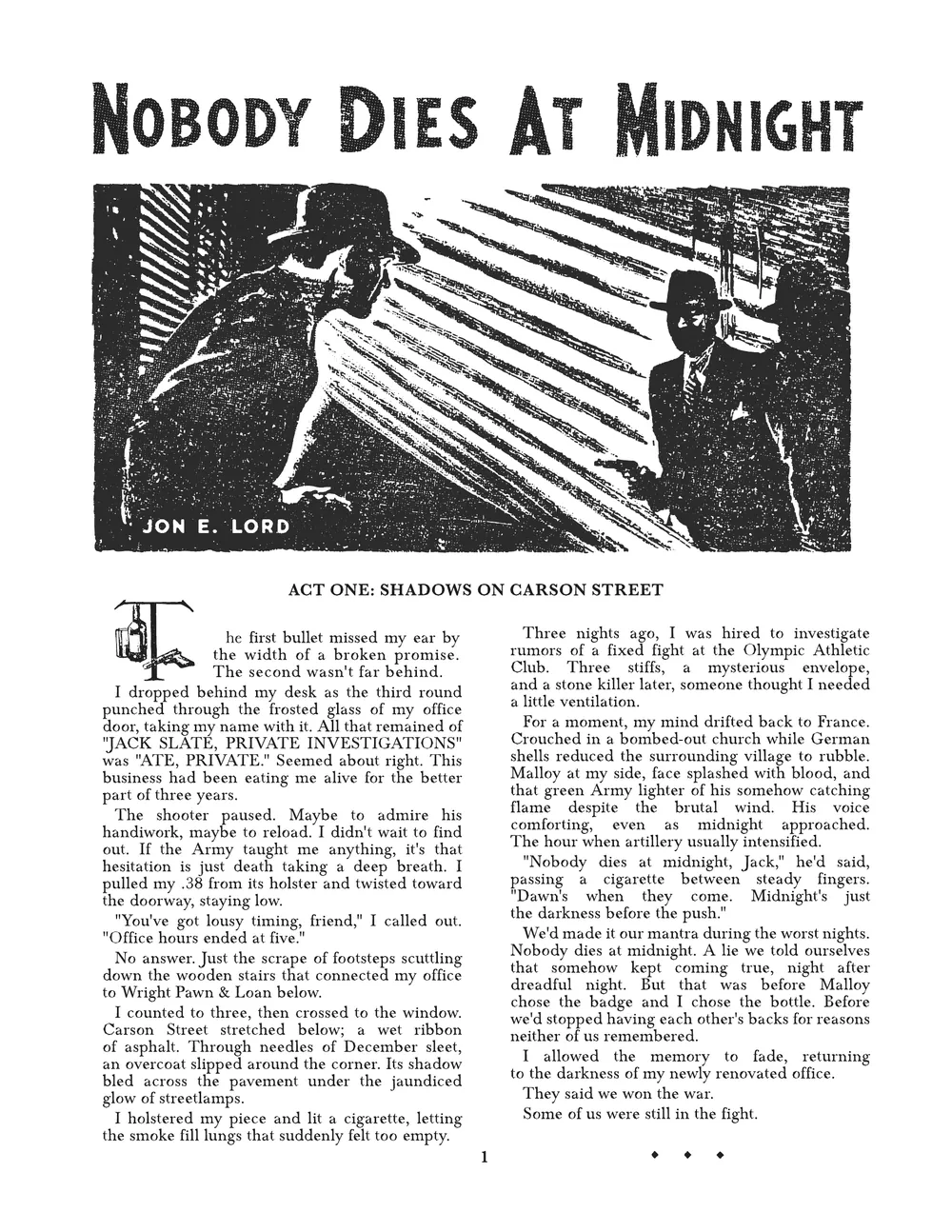 Page 3: title page of Nobody Dies at Midnight, with a scratchboard illustration of two men facing off through window blinds.