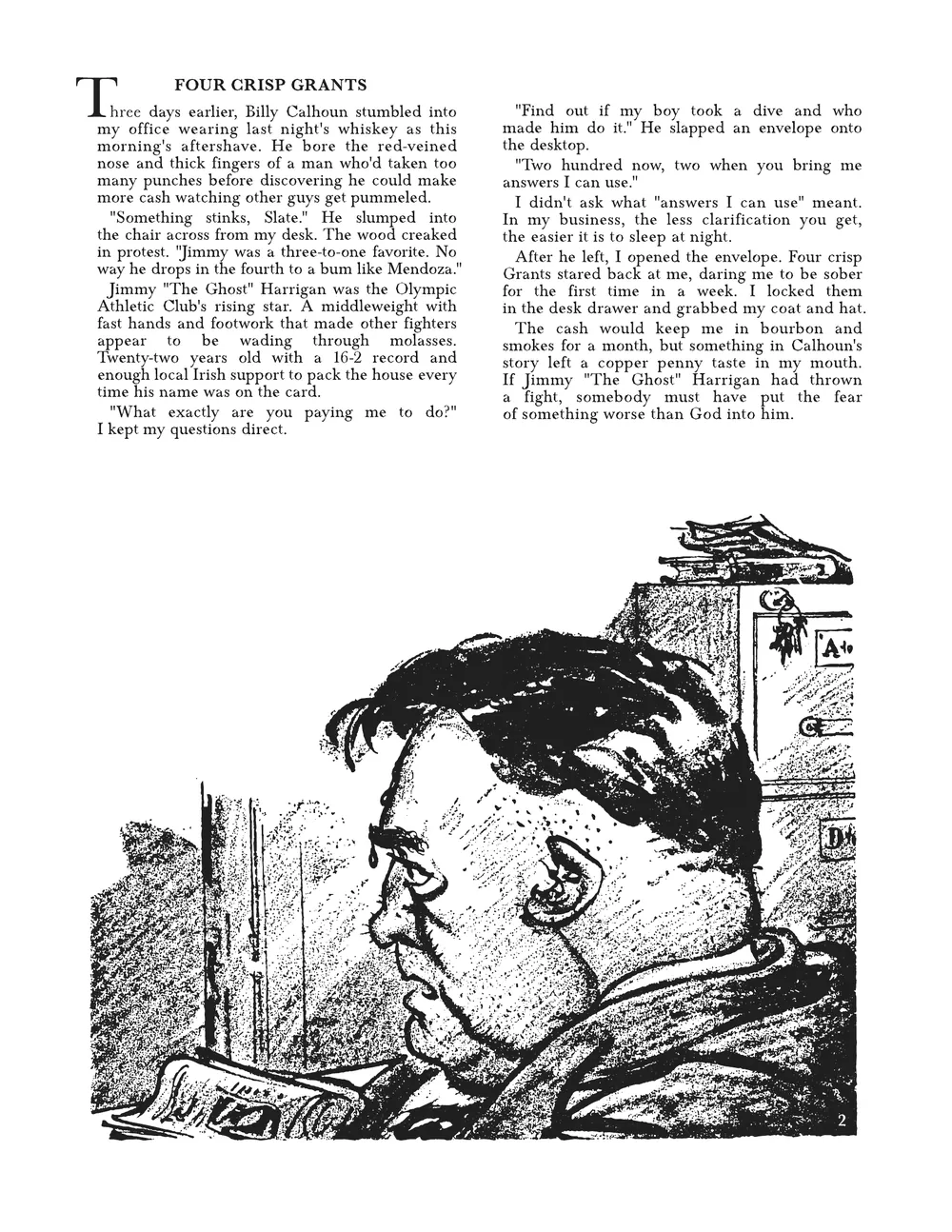 Page 4: Four Crisp Grants, with a full-width illustration of a man reading a newspaper.
